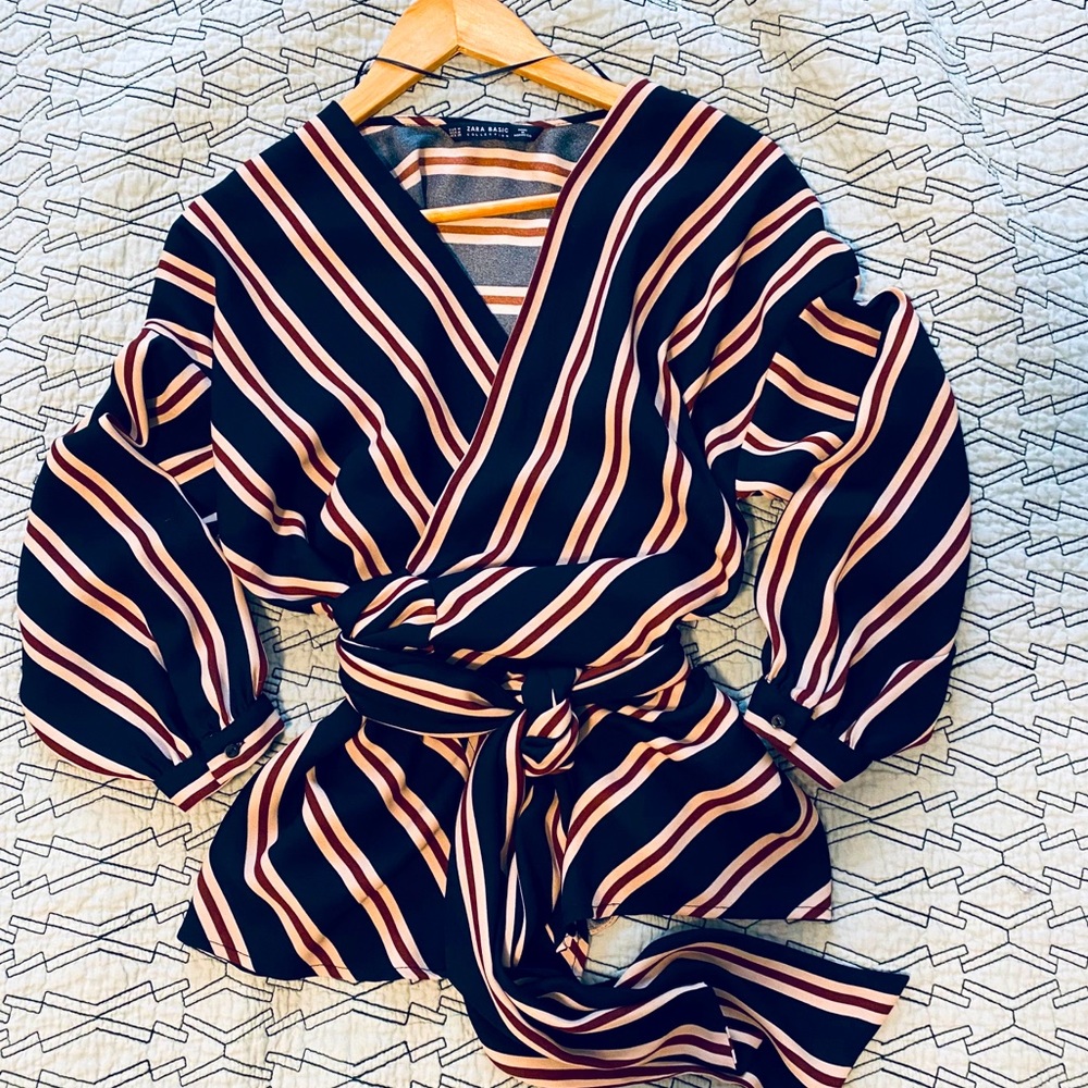 Zara striped wrap blouse, black red and cream